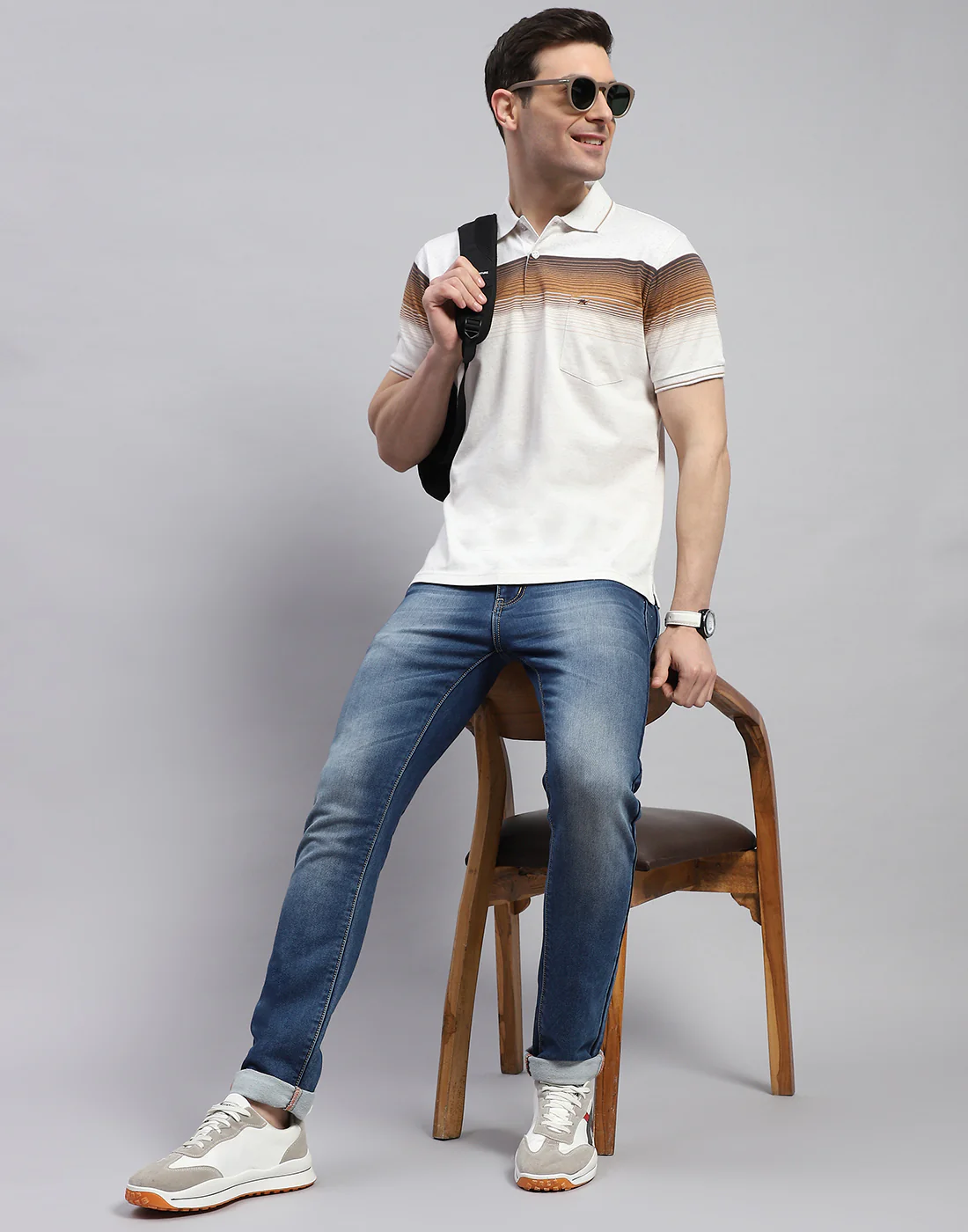 Men Brown Stripe Polo Collar Half Sleeve T-Shirt - Image 2