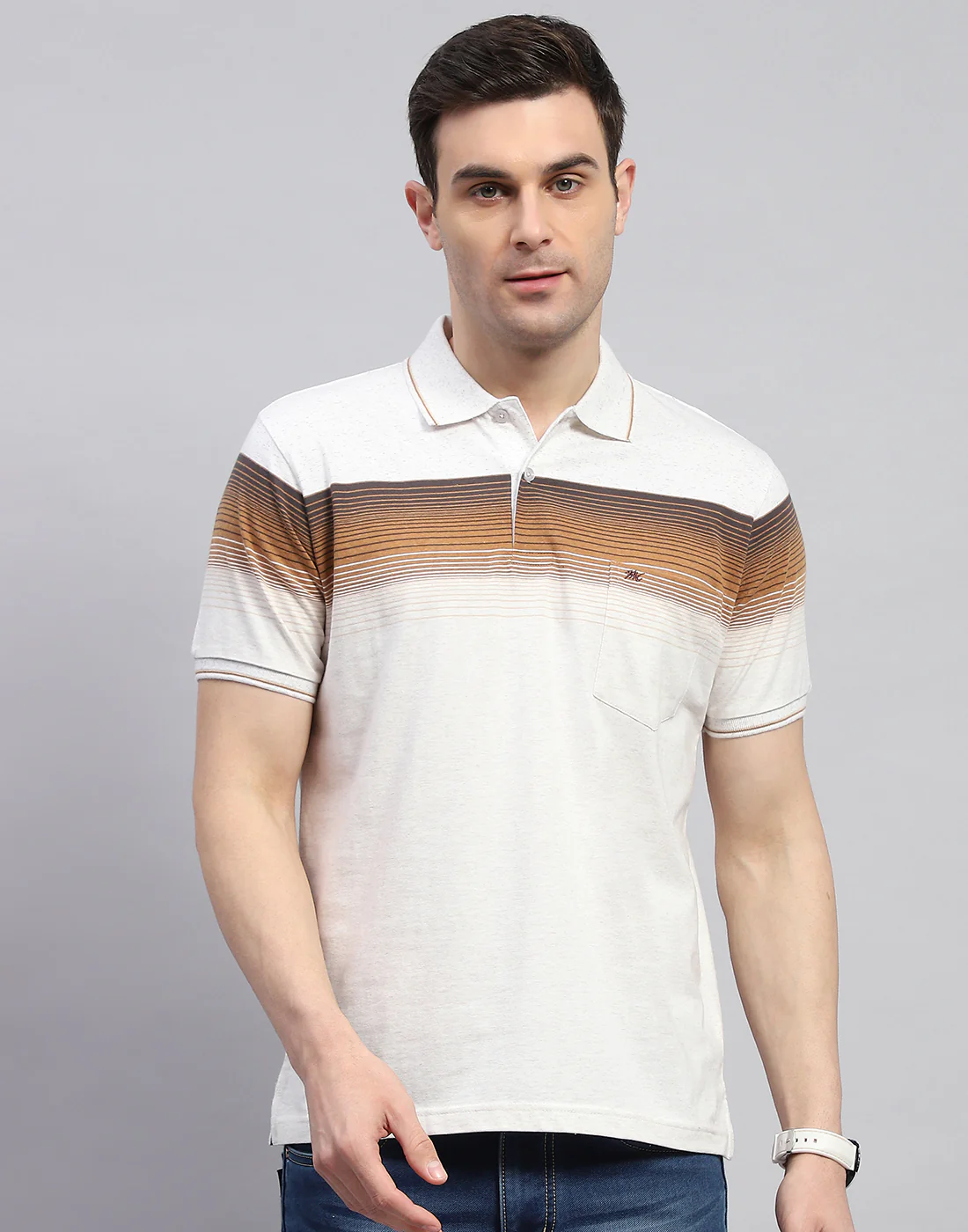 Men Brown Stripe Polo Collar Half Sleeve T-Shirt - Image 3