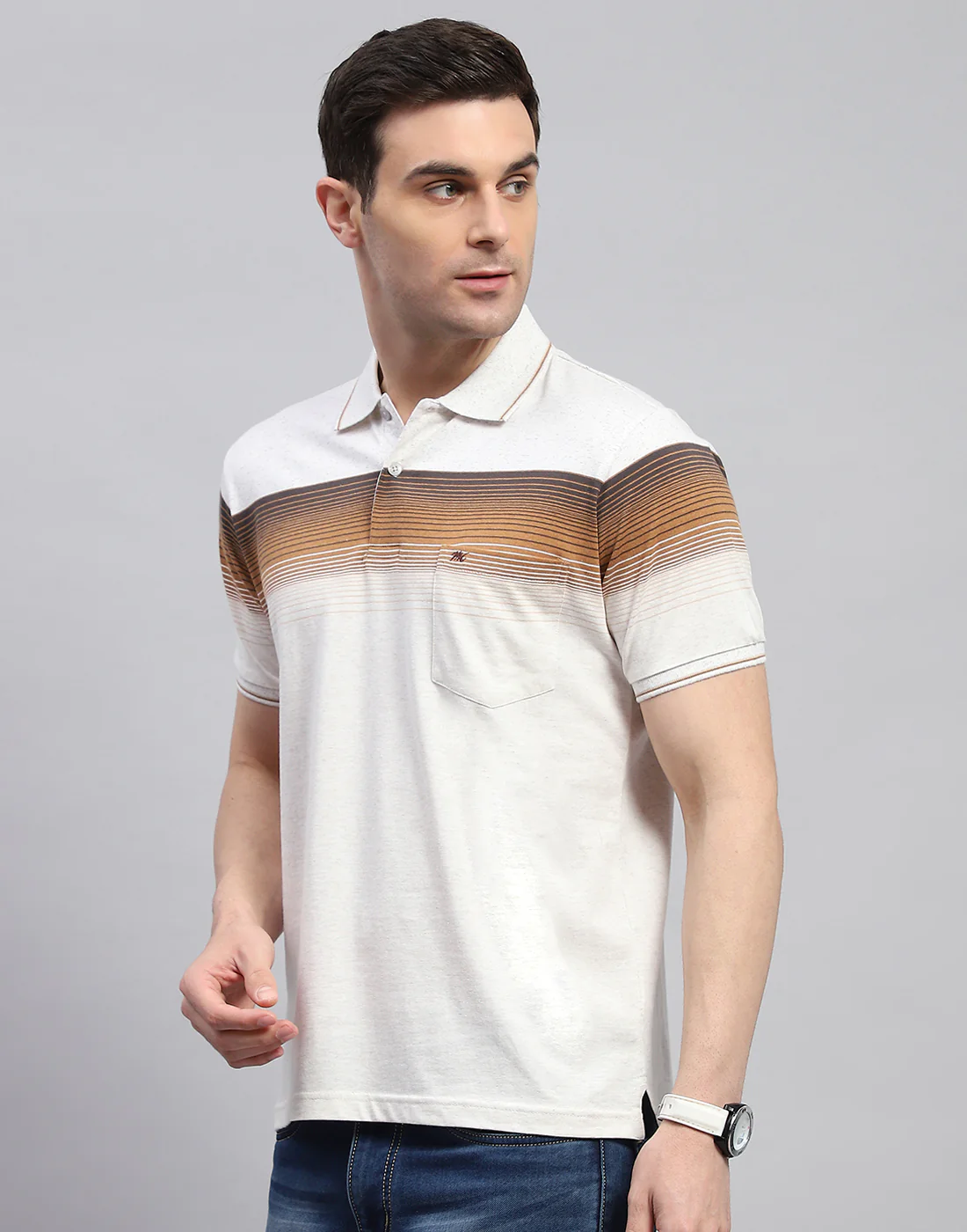Men Brown Stripe Polo Collar Half Sleeve T-Shirt - Image 4