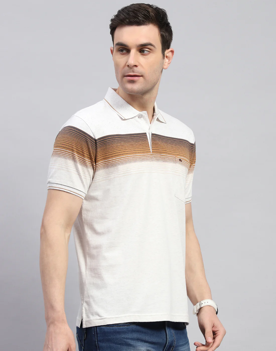 Men Brown Stripe Polo Collar Half Sleeve T-Shirt - Image 5