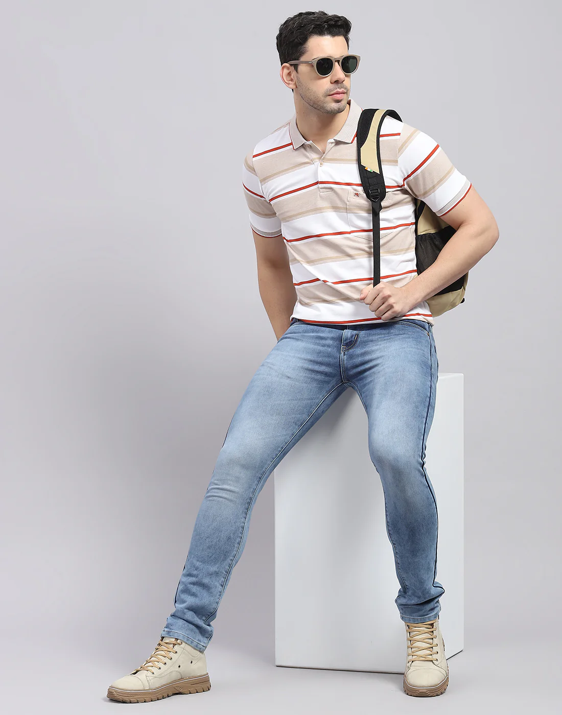 Men Brown Stripe Polo Collar Half Sleeve T-Shirt - Image 2