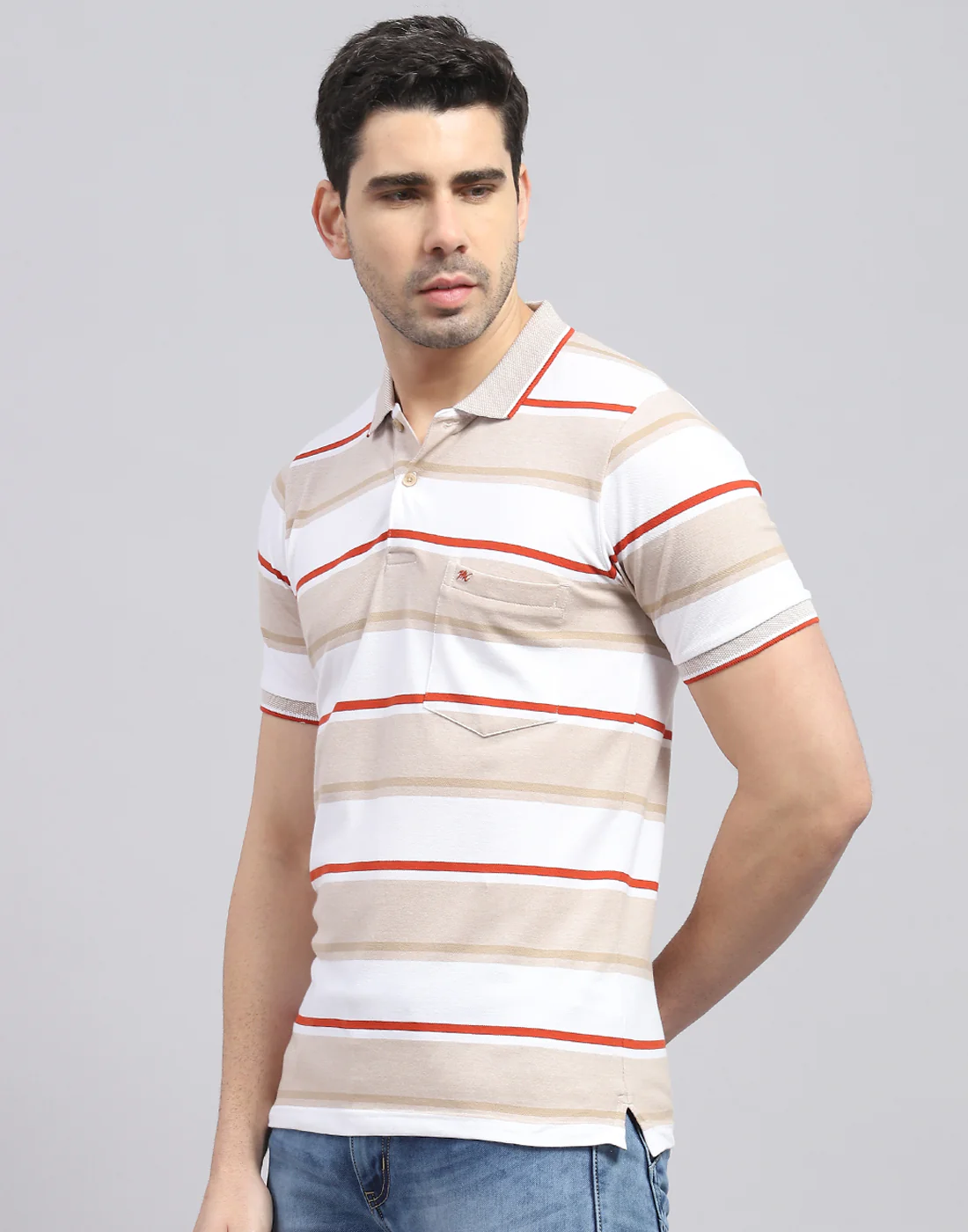 Men Brown Stripe Polo Collar Half Sleeve T-Shirt - Image 4