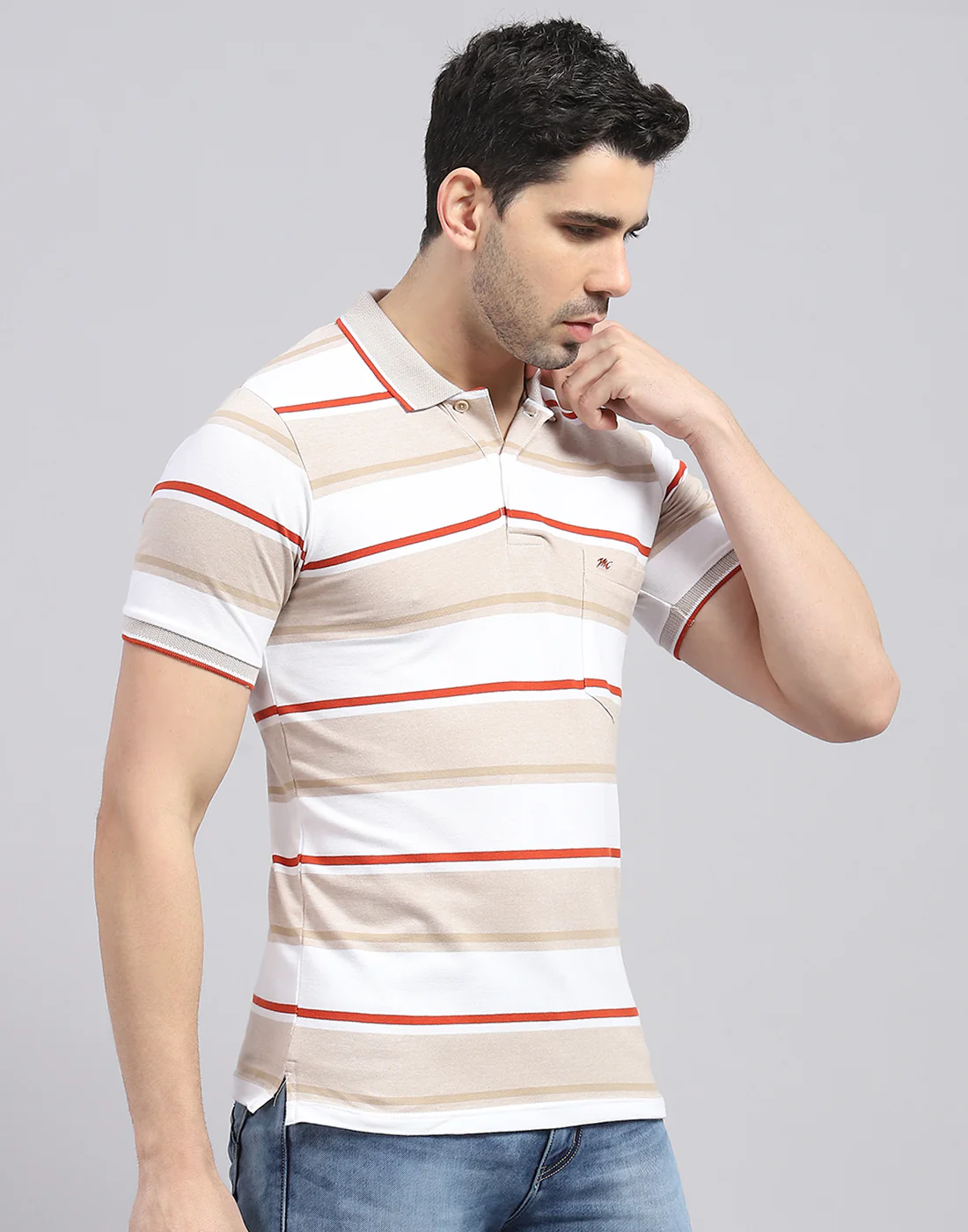 Men Brown Stripe Polo Collar Half Sleeve T-Shirt - Image 5