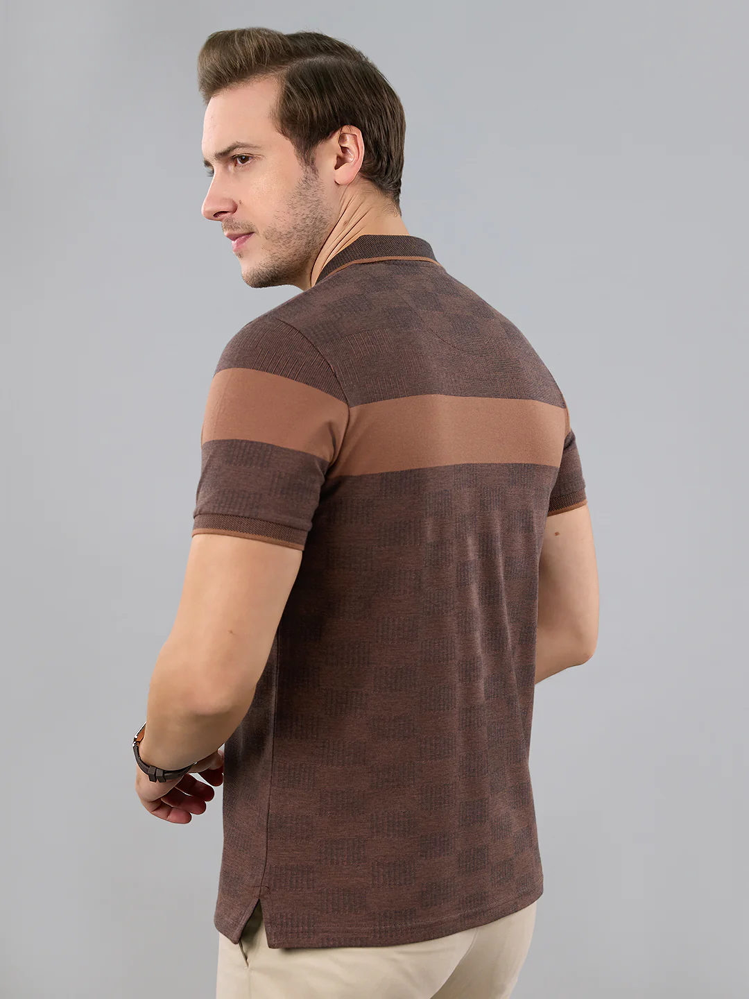 Men Brown Stripe Polo Collar Half Sleeve T-Shirt - Image 4