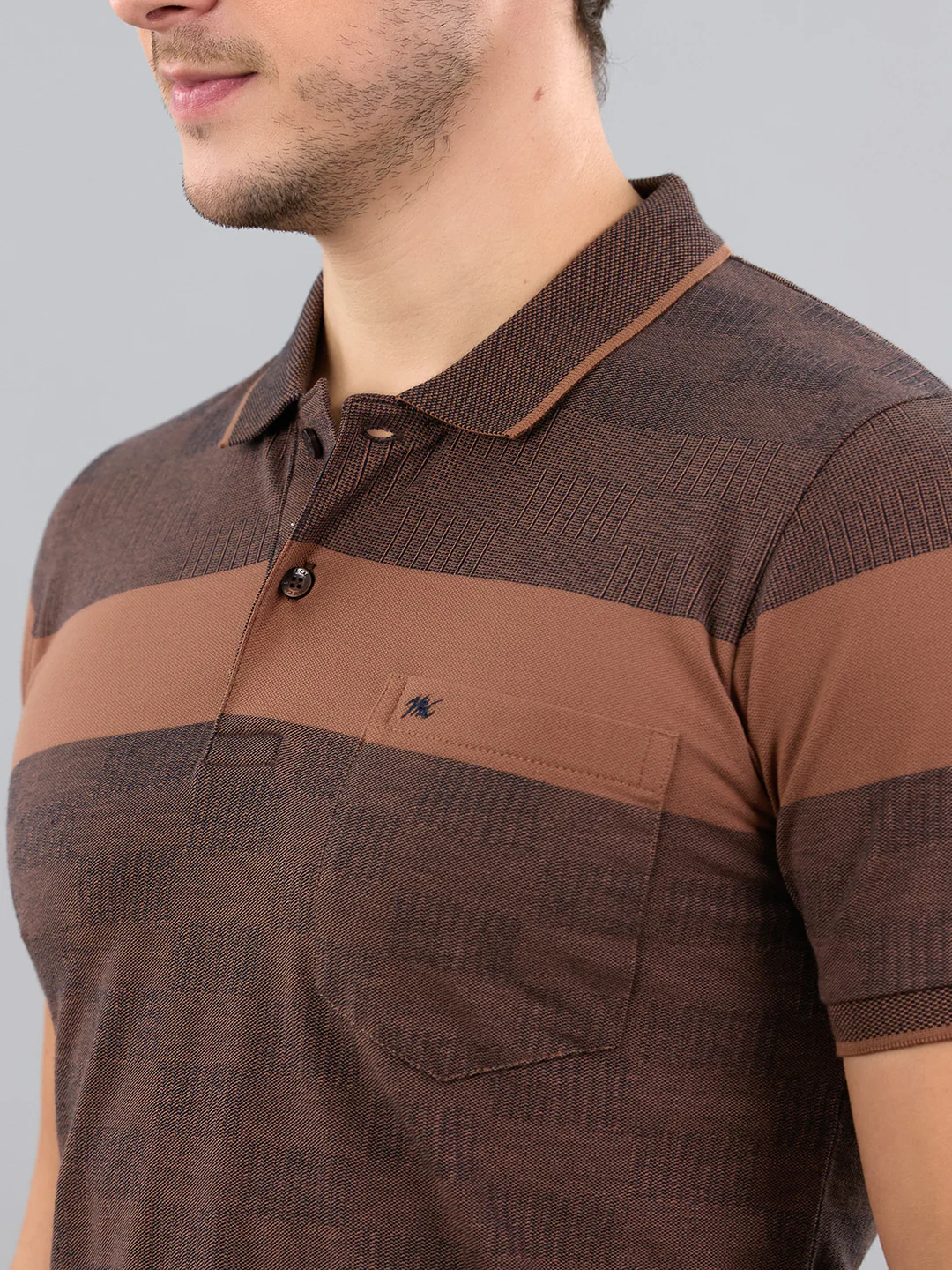 Men Brown Stripe Polo Collar Half Sleeve T-Shirt - Image 5