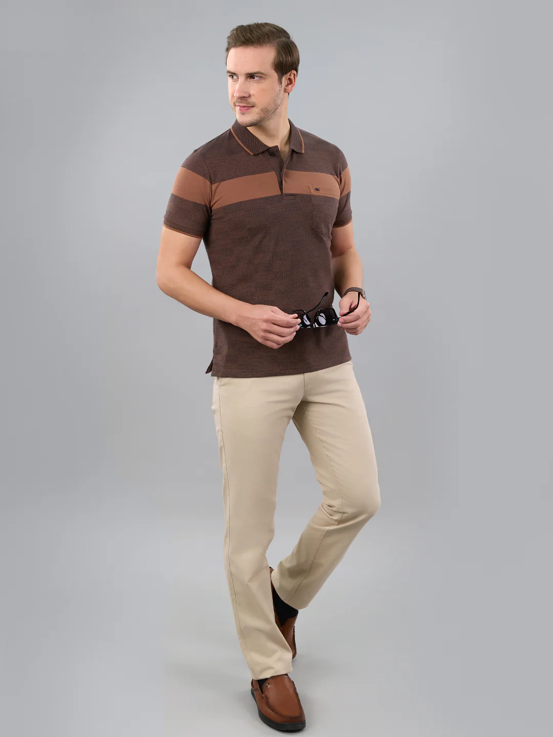 Men Brown Stripe Polo Collar Half Sleeve T-Shirt - Image 6