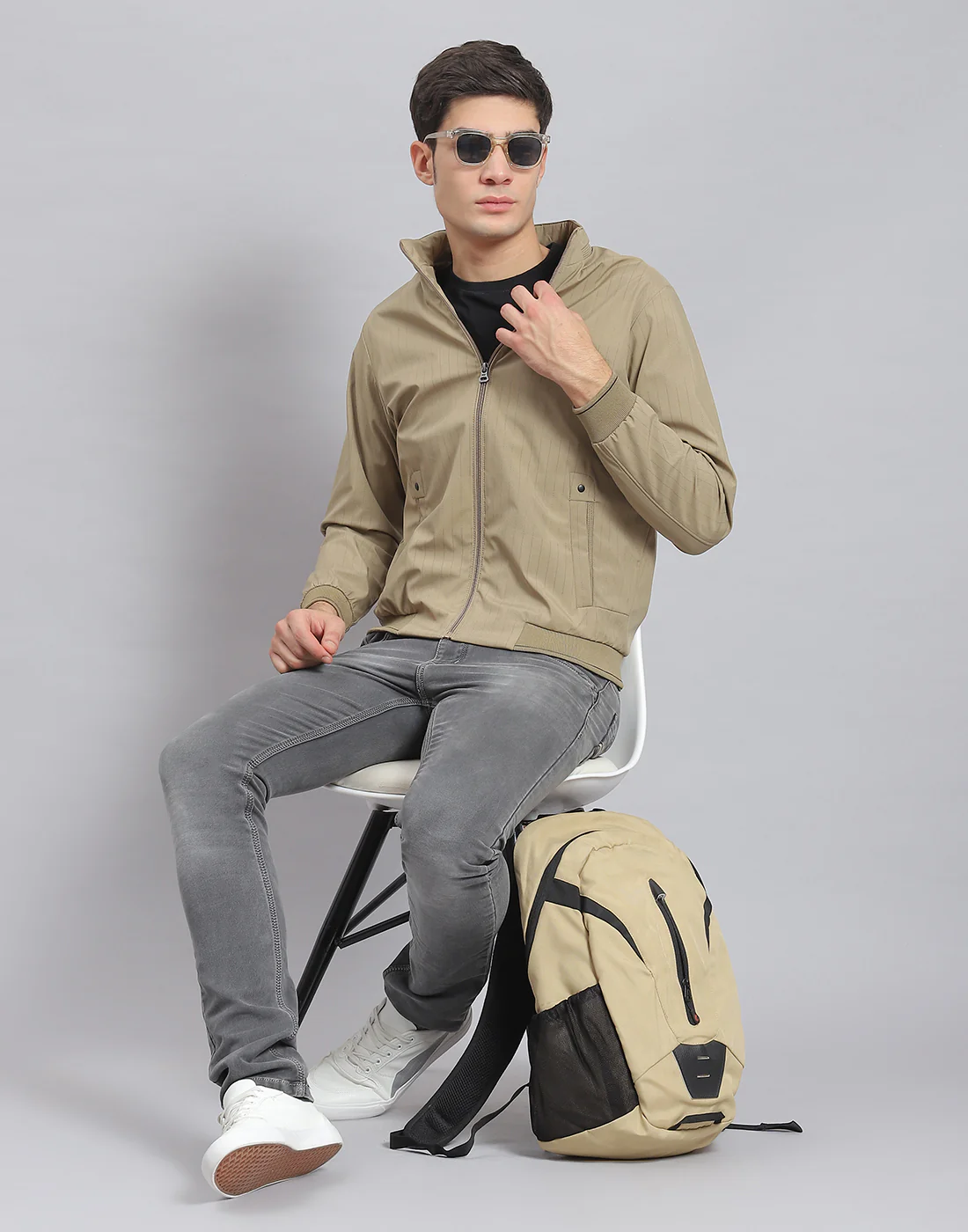 Men Brown Stripe Stand Collar Full Sleeve Jacket - Image 2