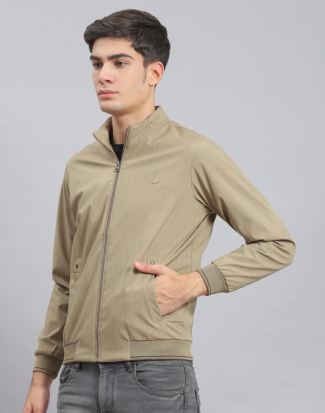 Men Brown Stripe Stand Collar Full Sleeve Jacket - Image 3