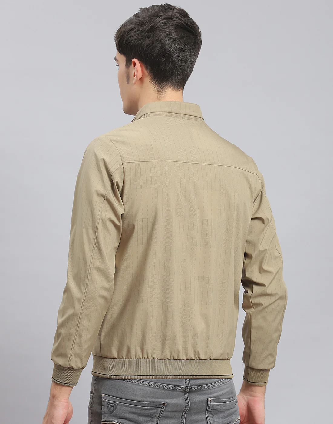 Men Brown Stripe Stand Collar Full Sleeve Jacket - Image 5