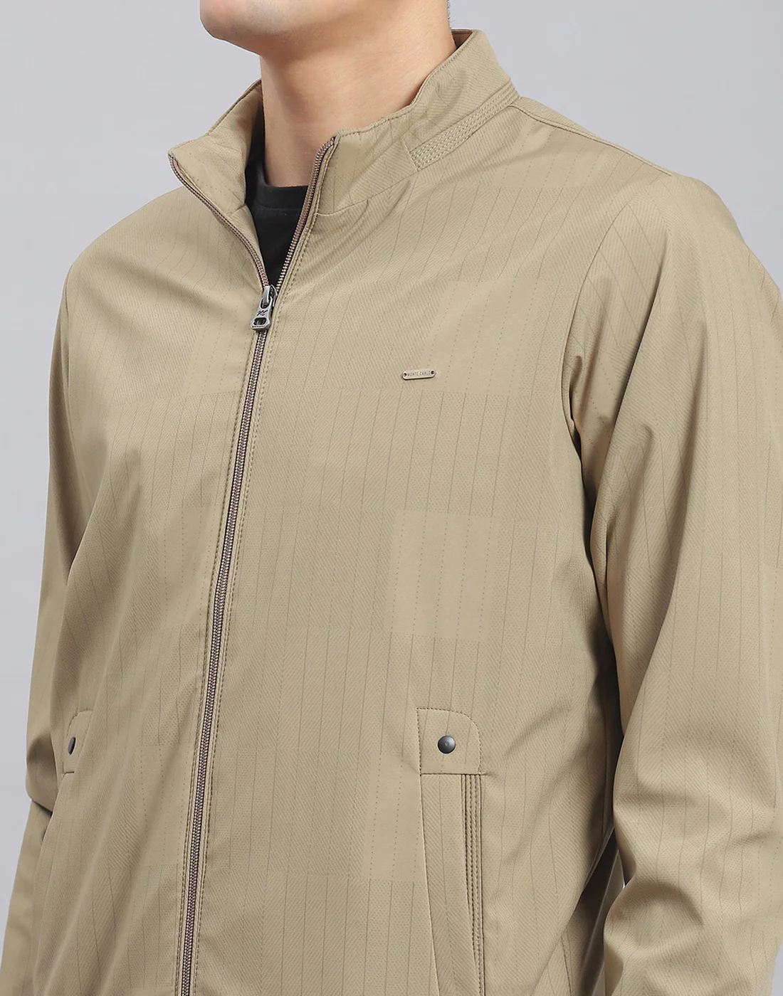 Men Brown Stripe Stand Collar Full Sleeve Jacket - Image 6