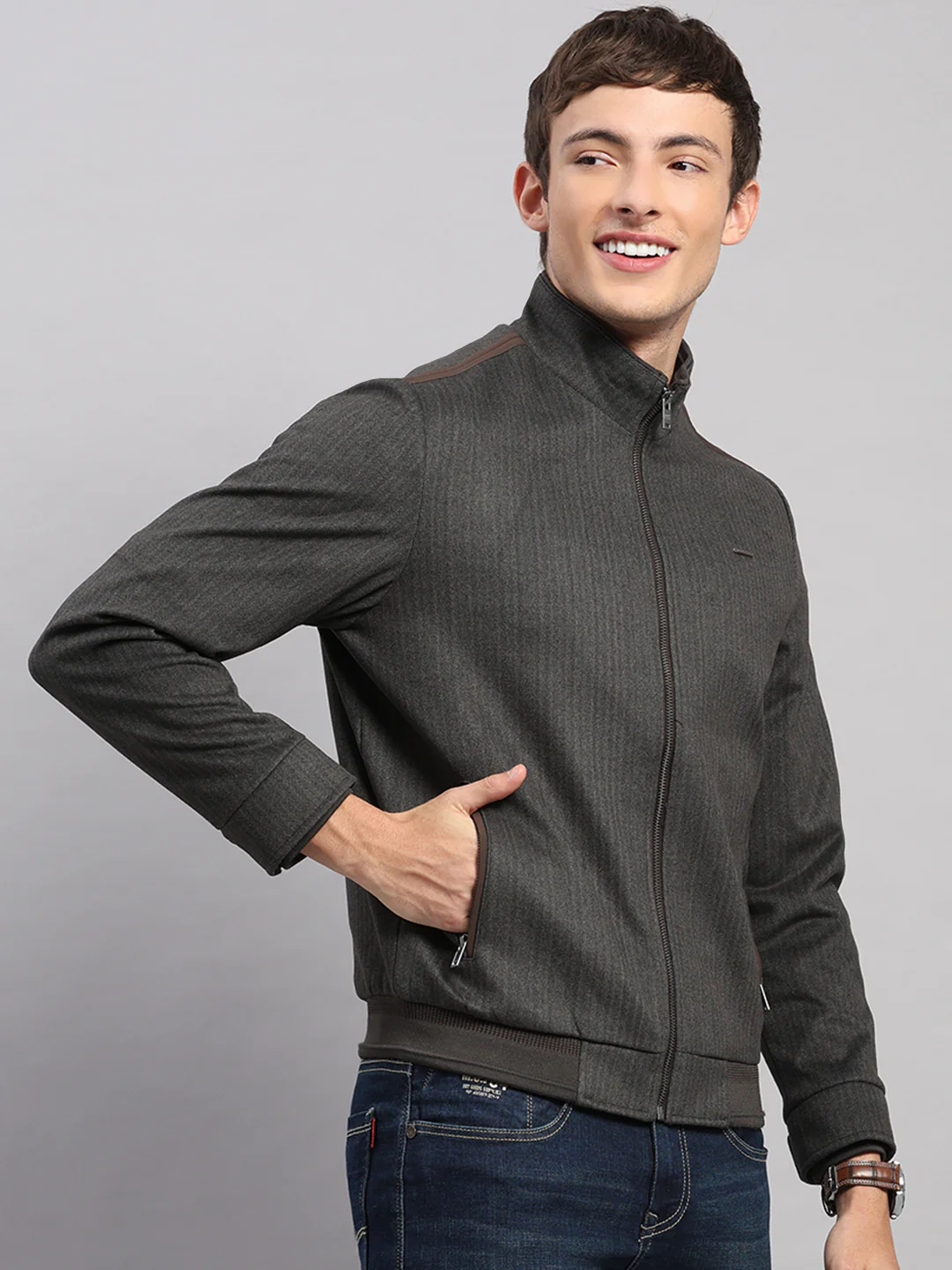 Men Brown Stripe Stand Collar Full Sleeve Jacket - Image 4