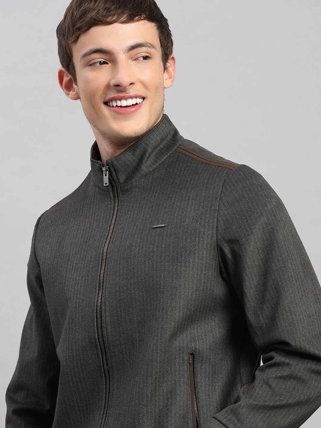 Men Brown Stripe Stand Collar Full Sleeve Jacket - Image 6