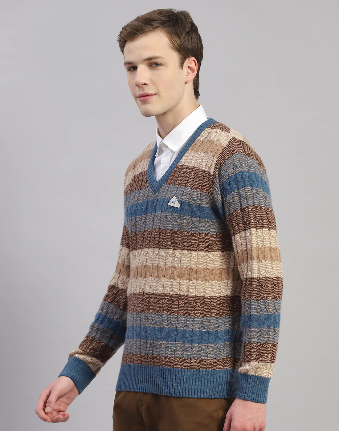 Men Brown Stripe V Neck Full Sleeve Pullover - Image 3