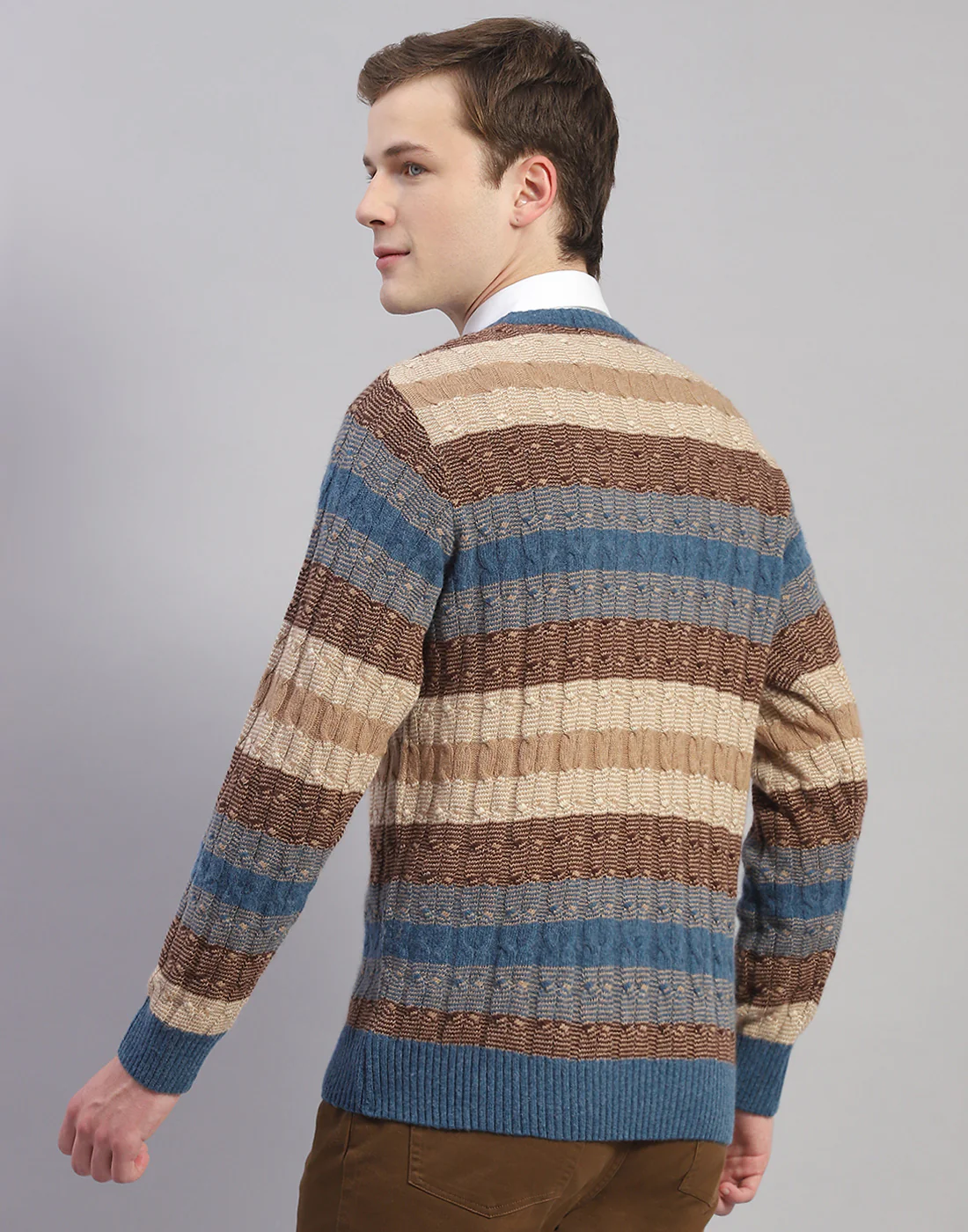 Men Brown Stripe V Neck Full Sleeve Pullover - Image 5
