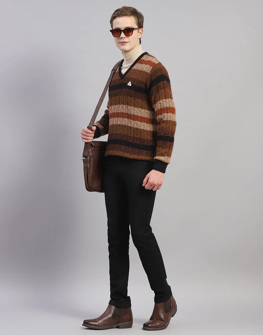 Men Brown Stripe V Neck Full Sleeve Pullover - Image 2