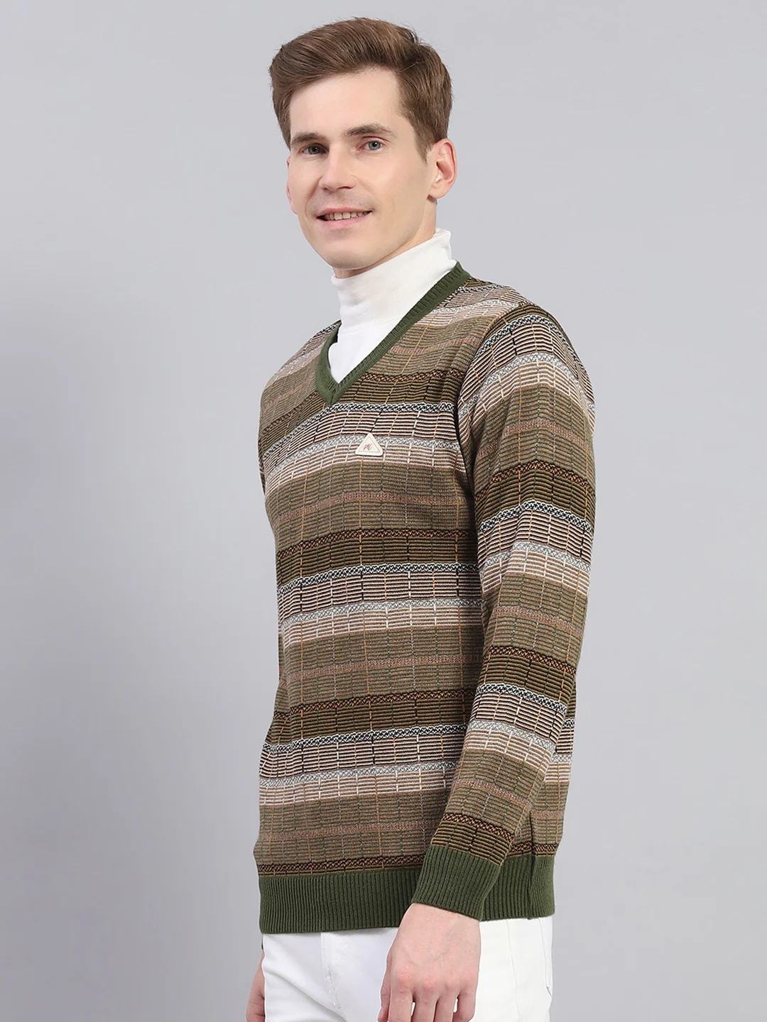 Men Green & Brown Stripe V Neck Full Sleeve Pullover - Image 4