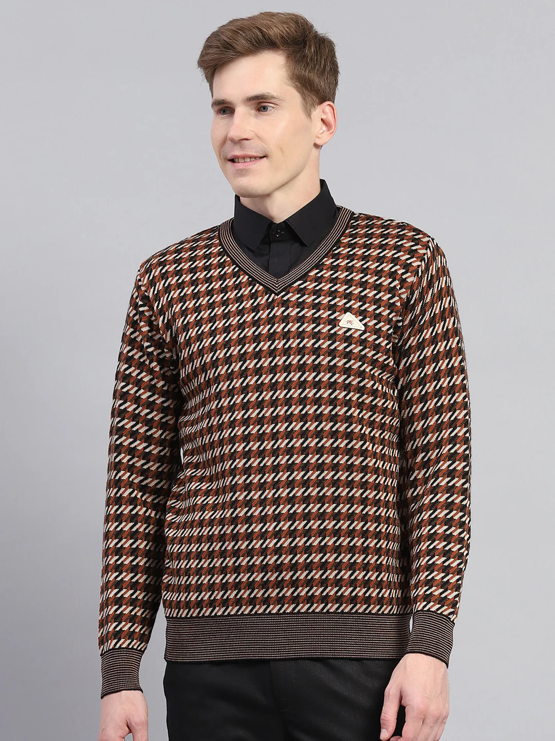 Men Brown Stripe V Neck Full Sleeve Pullover - Image 2