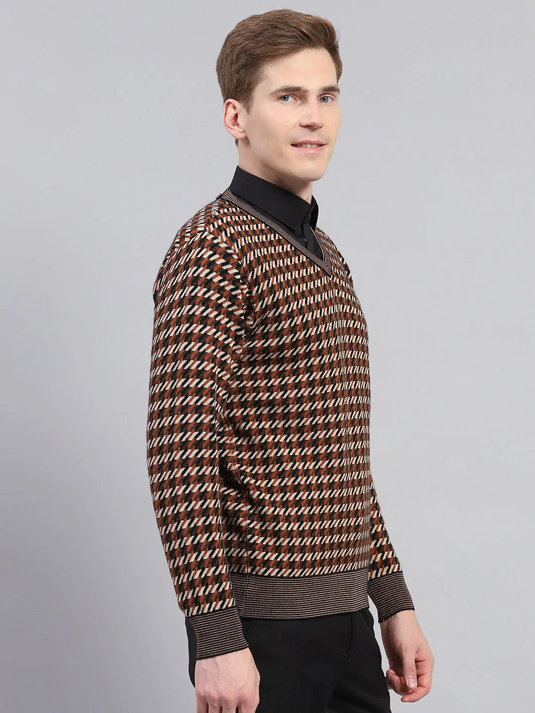 Men Brown Stripe V Neck Full Sleeve Pullover - Image 4