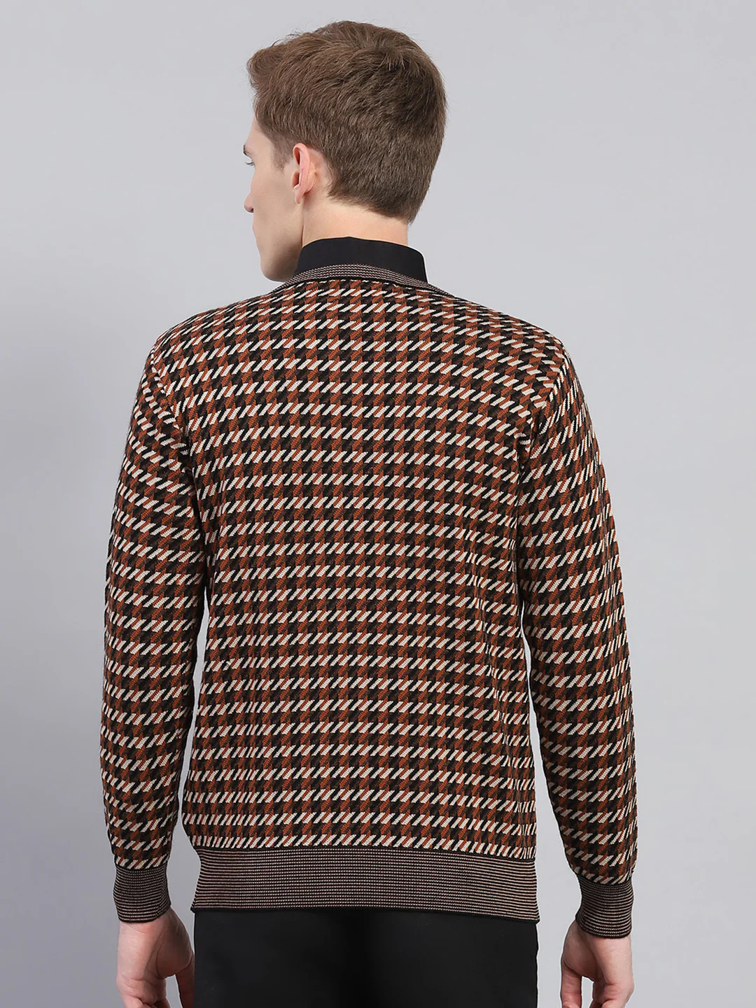 Men Brown Stripe V Neck Full Sleeve Pullover - Image 5