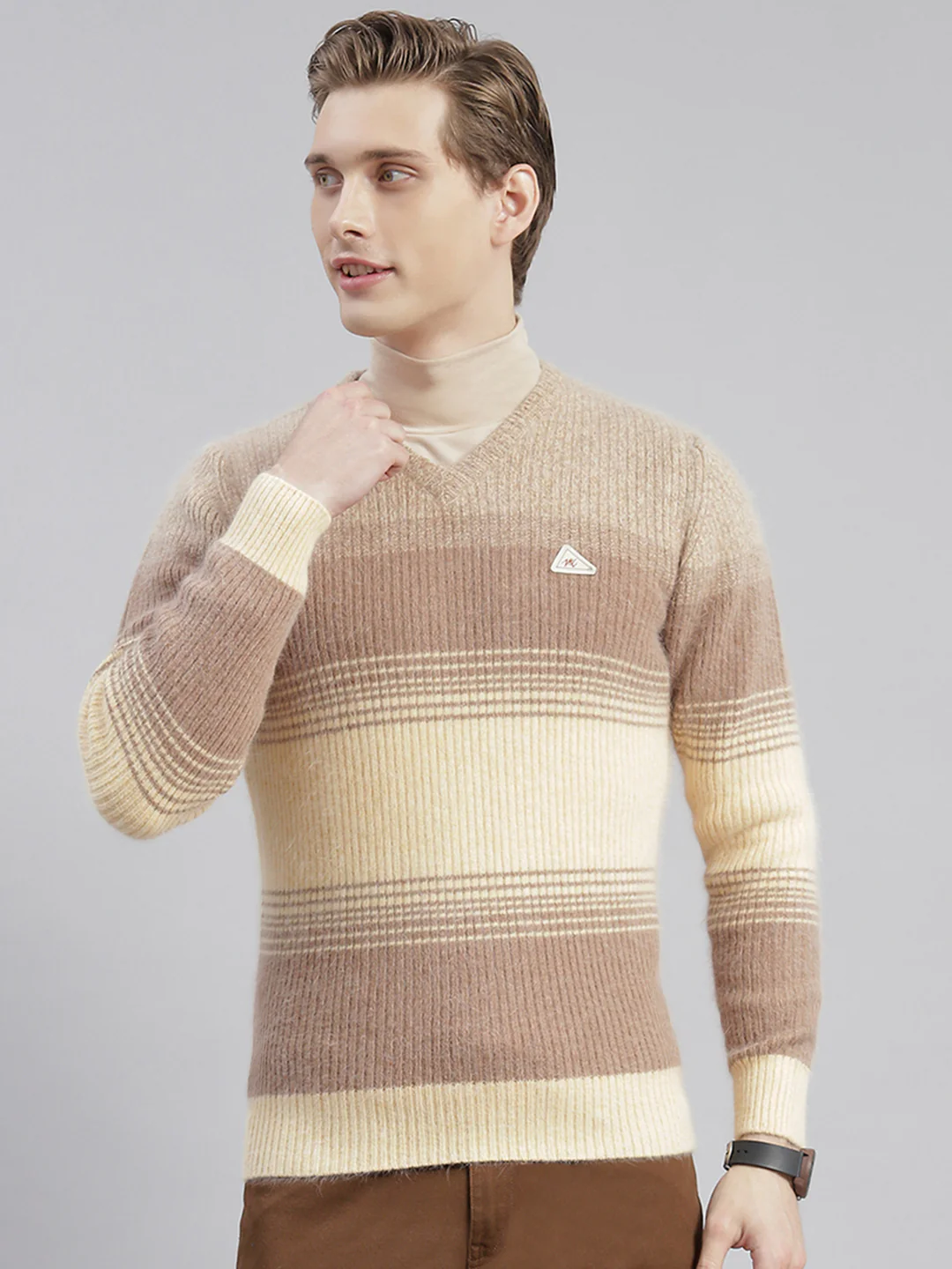 Men Brown Stripe V Neck Full Sleeve Sweaters/Pullovers - Image 3