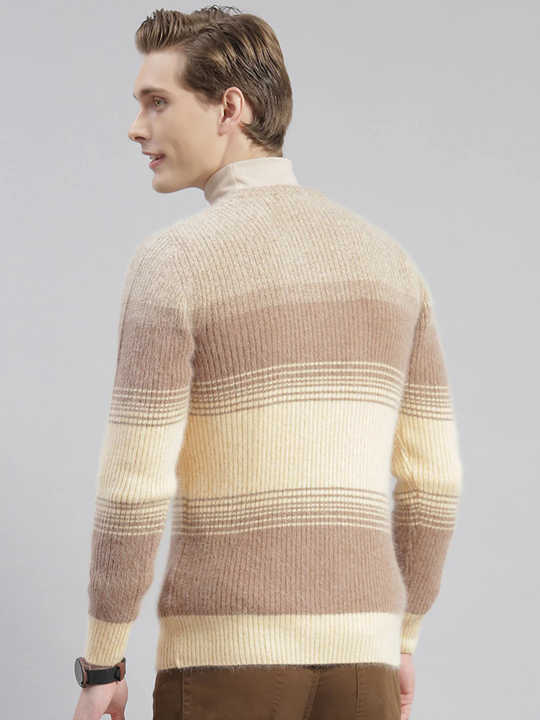Men Brown Stripe V Neck Full Sleeve Sweaters/Pullovers - Image 6
