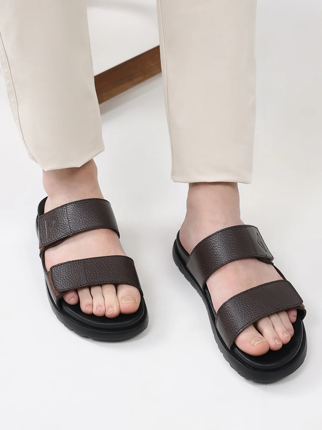 Men Brown Velcro Genuine Leather Sliders - Image 10