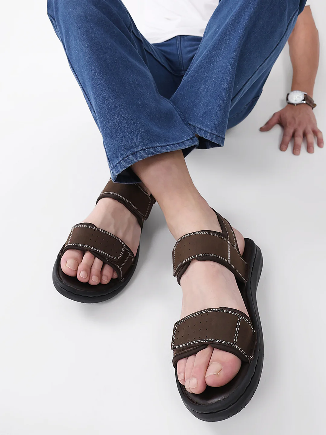 Men Brown Velcro Leather Sandals - Image 10