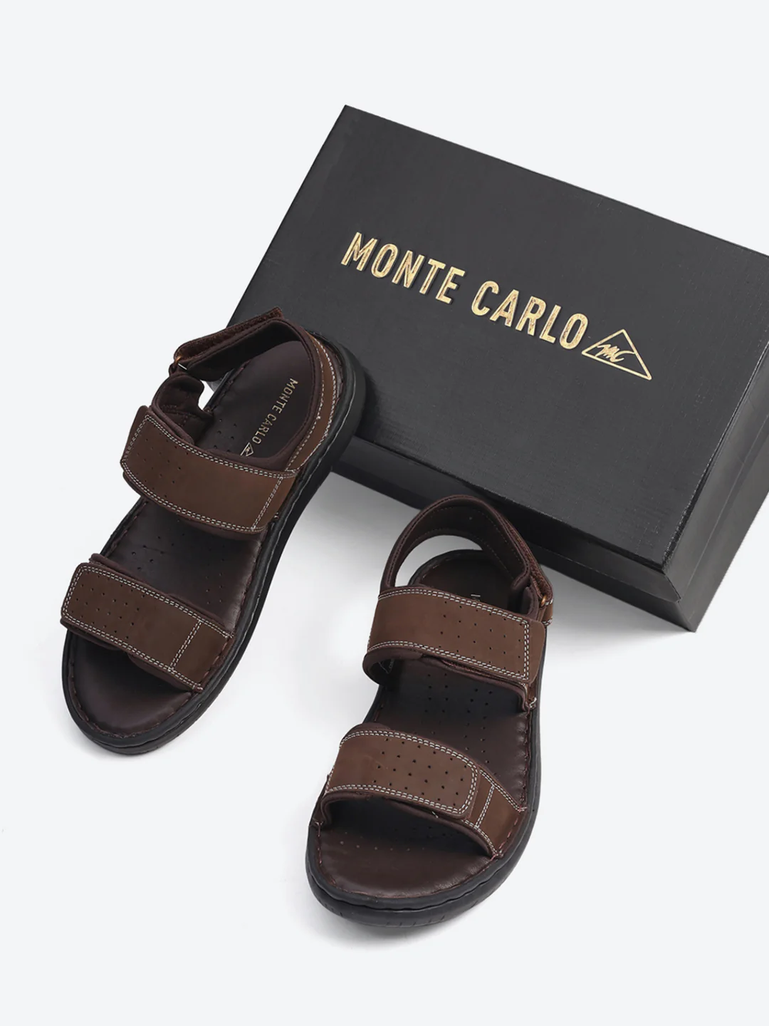 Men Brown Velcro Leather Sandals - Image 2