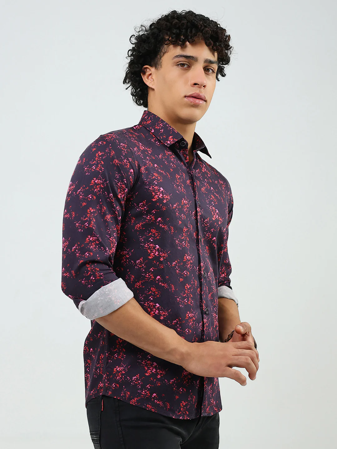Men Burgundy Printed Collar Full Sleeve Shirt - Image 4