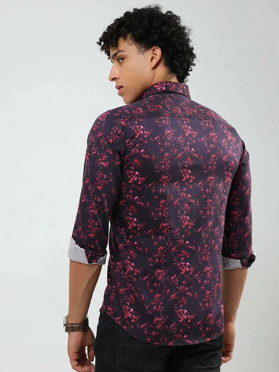 Men Burgundy Printed Collar Full Sleeve Shirt - Image 5