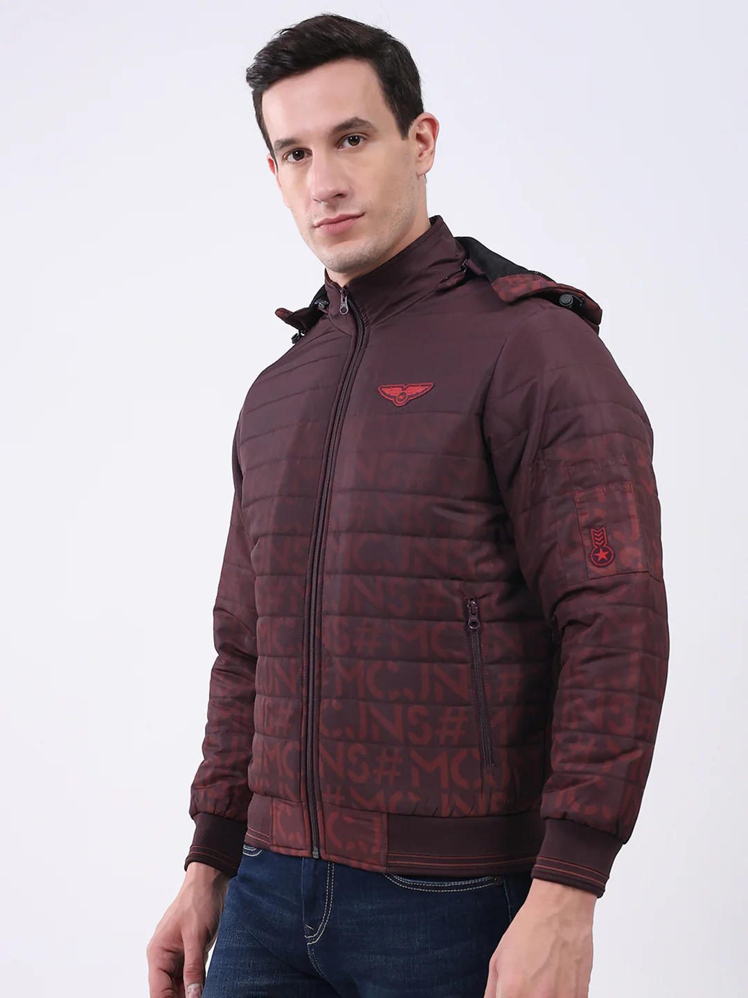Men Burgundy Printed Hooded Full Sleeve Jacket - Image 3