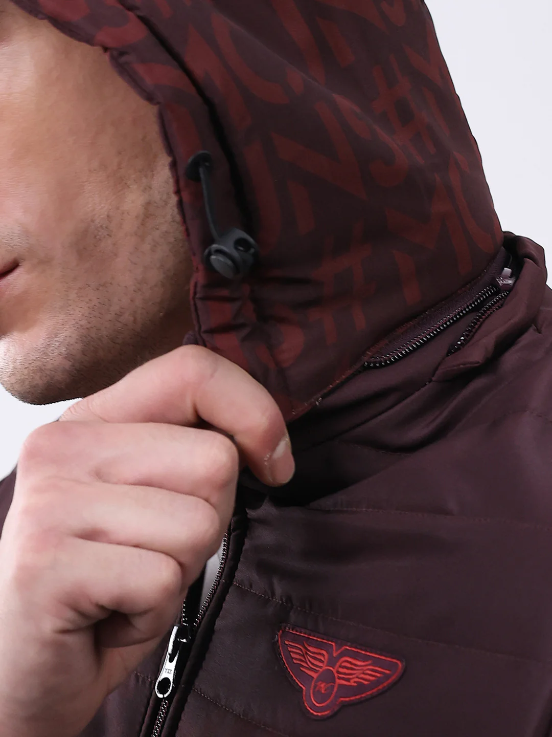 Men Burgundy Printed Hooded Full Sleeve Jacket - Image 7