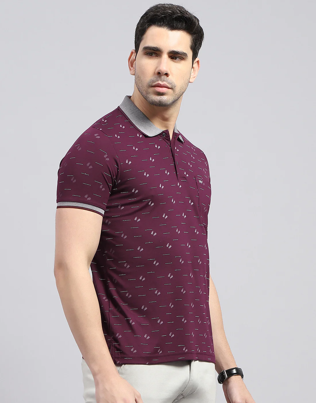 Men Burgundy Printed Polo Collar Half Sleeve T-Shirt - Image 5