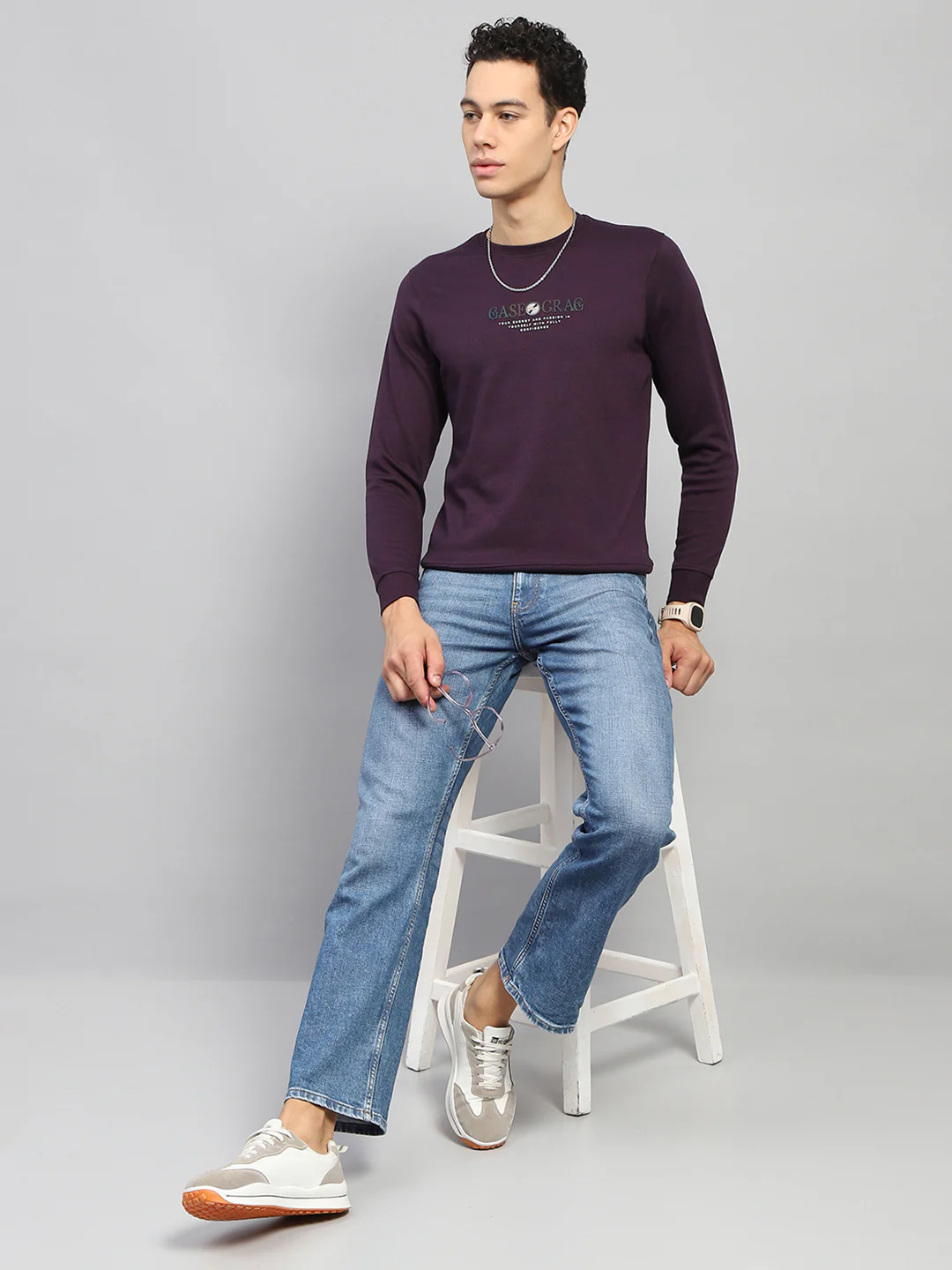 Men Burgundy Printed Round Neck Full Sleeve Winter T-Shirt - Image 2