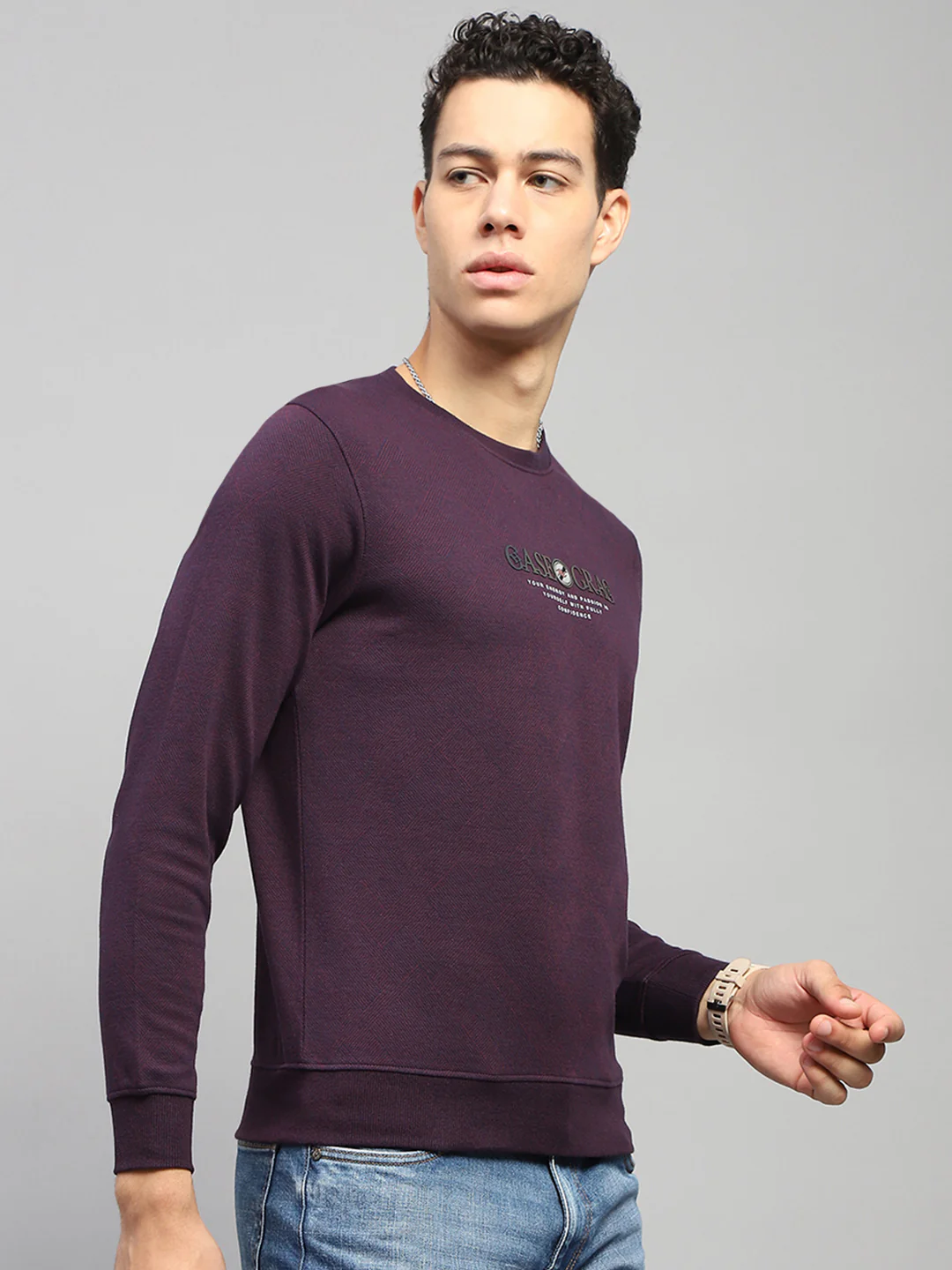 Men Burgundy Printed Round Neck Full Sleeve Winter T-Shirt - Image 4