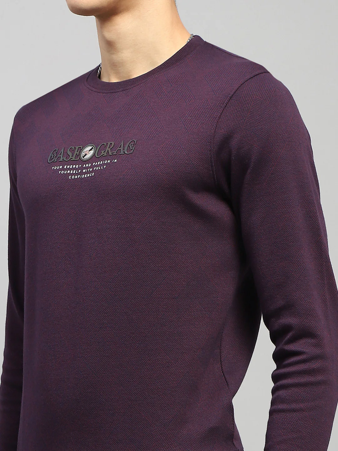 Men Burgundy Printed Round Neck Full Sleeve Winter T-Shirt - Image 7