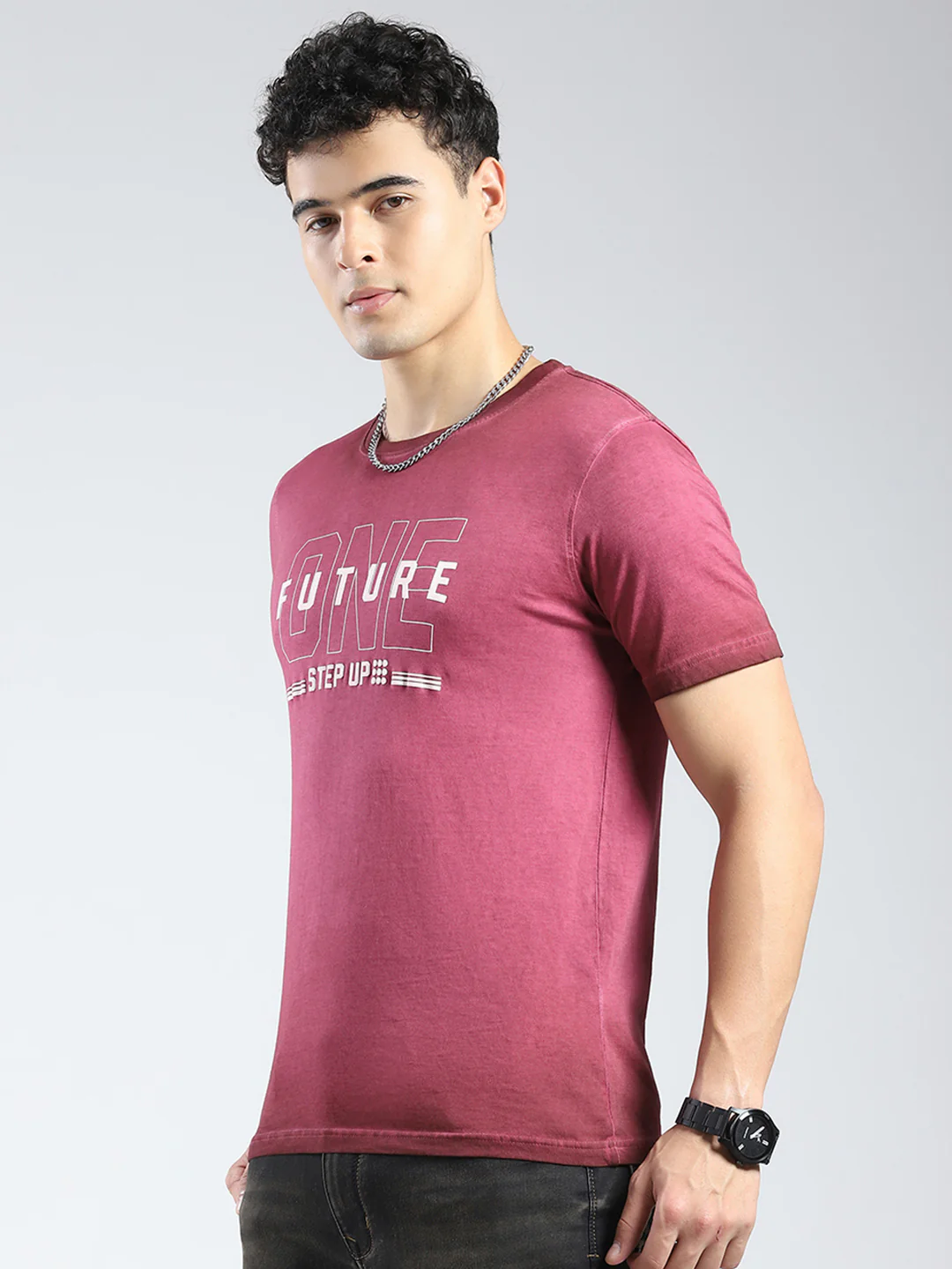 Rock.it Men Burgundy Printed Round Neck Half Sleeve T-Shirt - Image 3