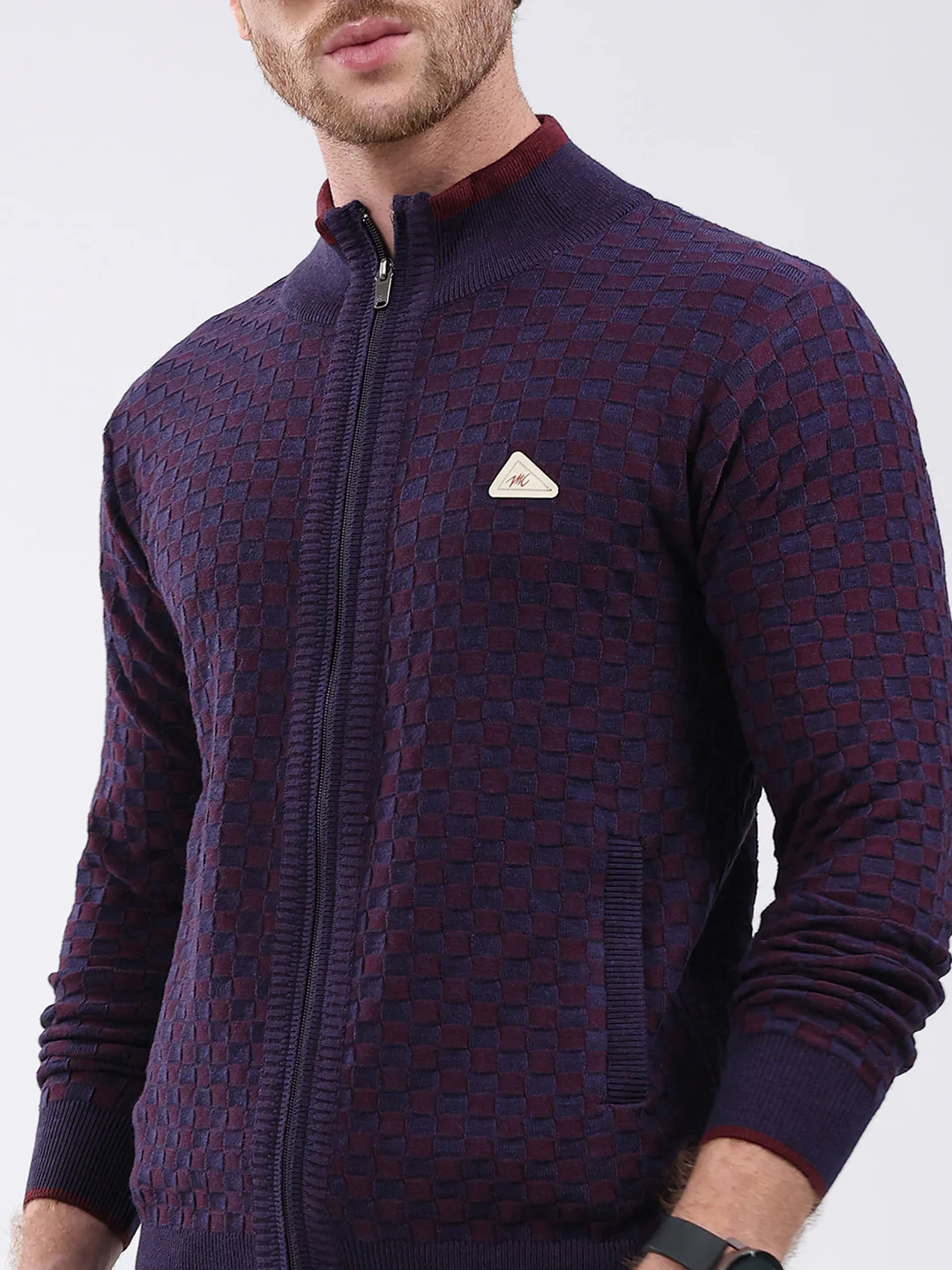 Men Burgundy Self Design Mock Neck Full Sleeve Pullover - Image 7