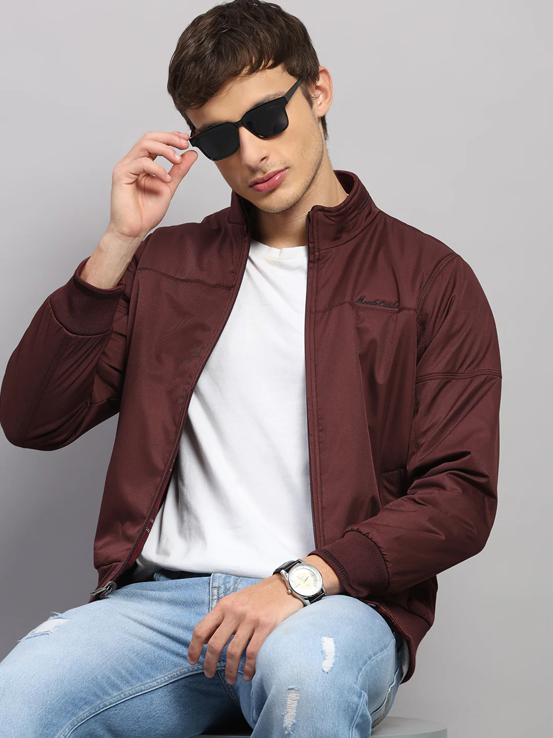 Men Burgundy Solid Collar Full Sleeve Jacket - Image 6