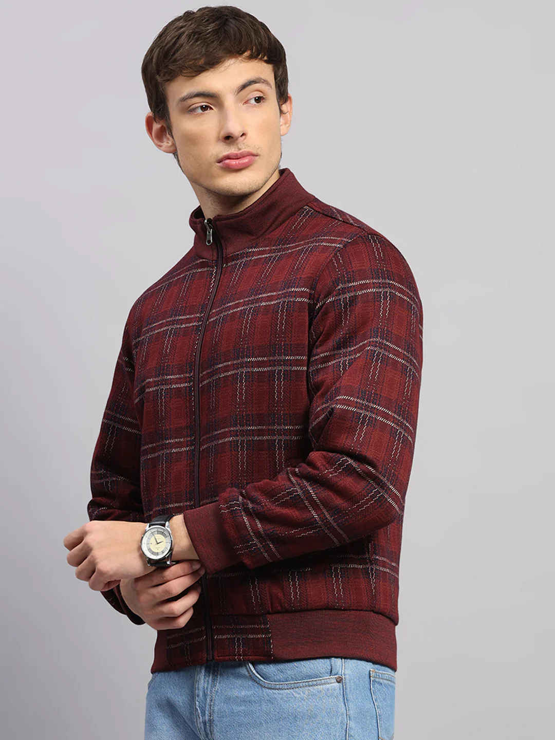 Men Burgundy Solid Collar Full Sleeve Jacket - Image 8