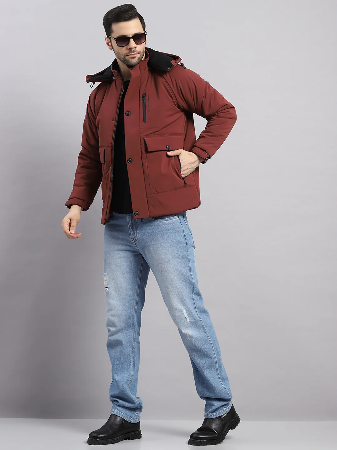 Men Burgundy Solid Hooded Full Sleeve Jacket - Image 2