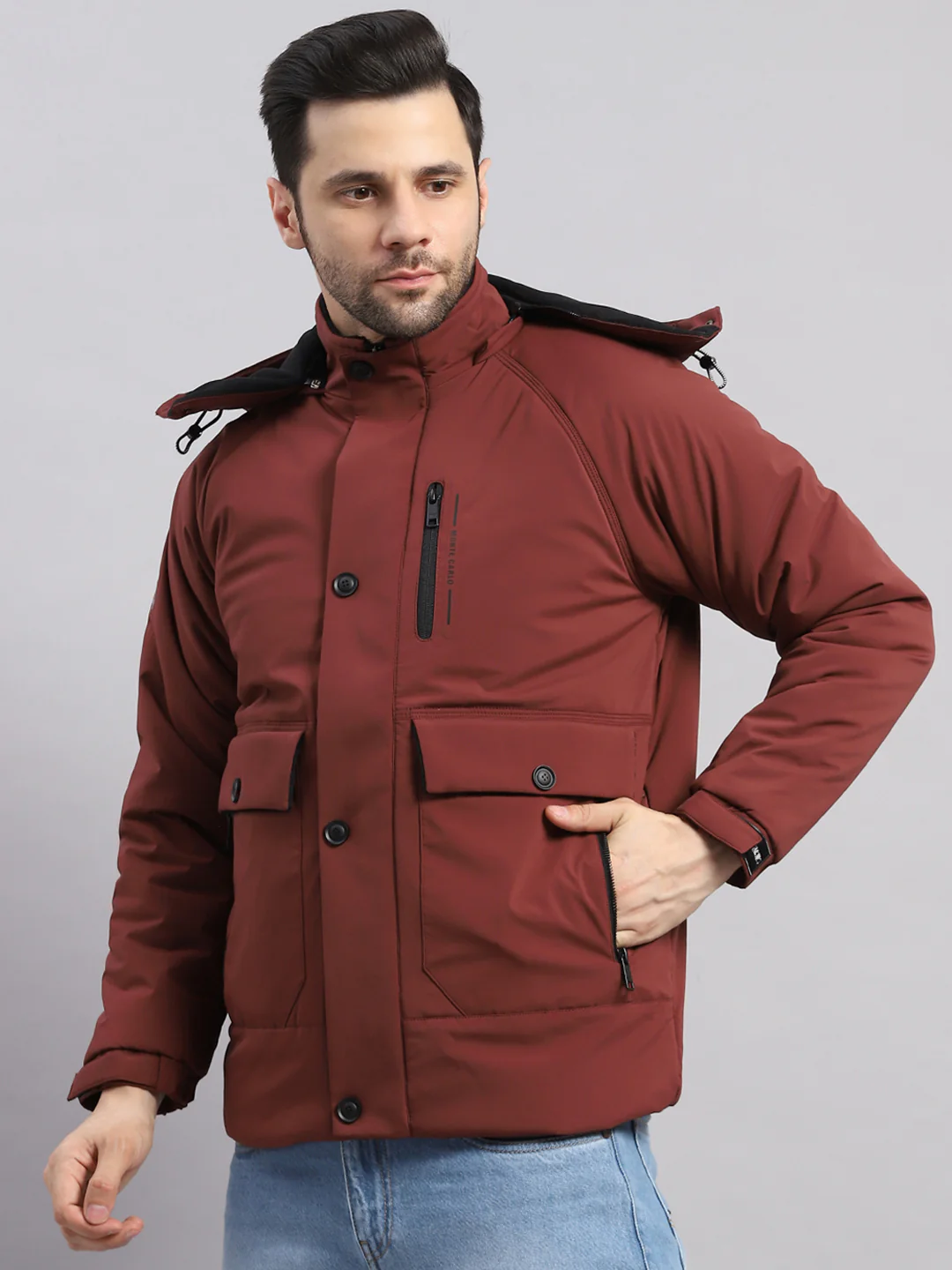 Men Burgundy Solid Hooded Full Sleeve Jacket - Image 3