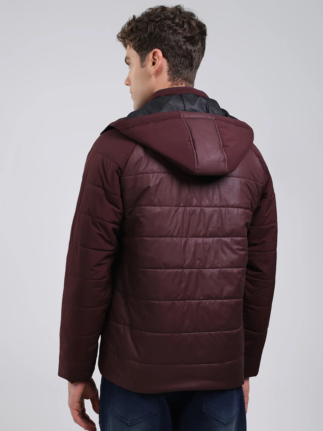 Men Burgundy Solid Hooded Full Sleeve Jacket - Image 5