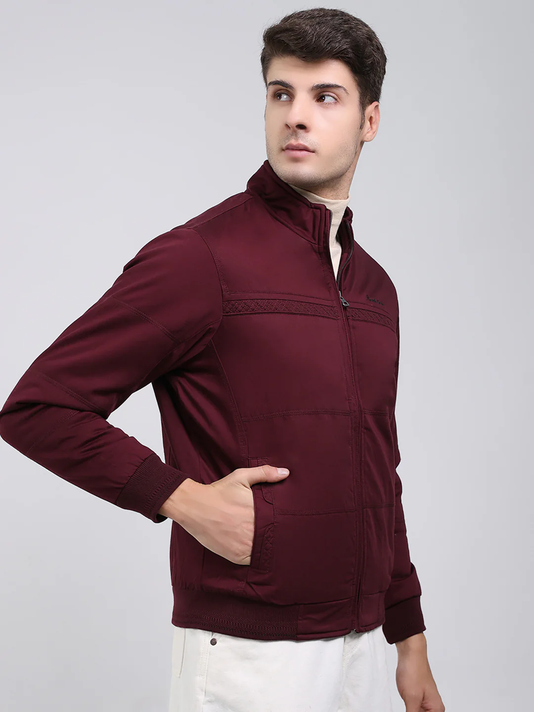 Men Burgundy Solid Mock Neck Full Sleeve Jacket - Image 4