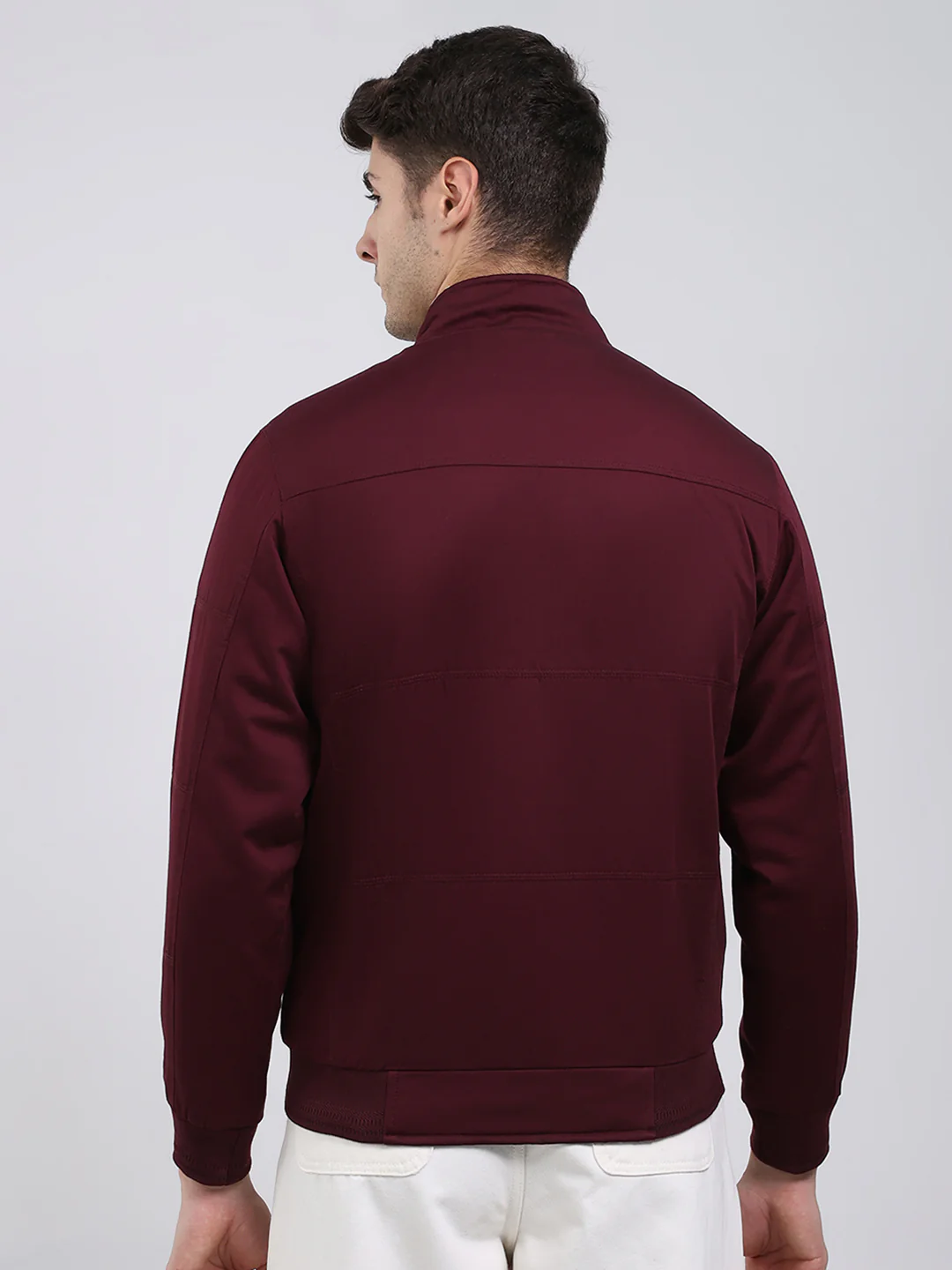 Men Burgundy Solid Mock Neck Full Sleeve Jacket - Image 5