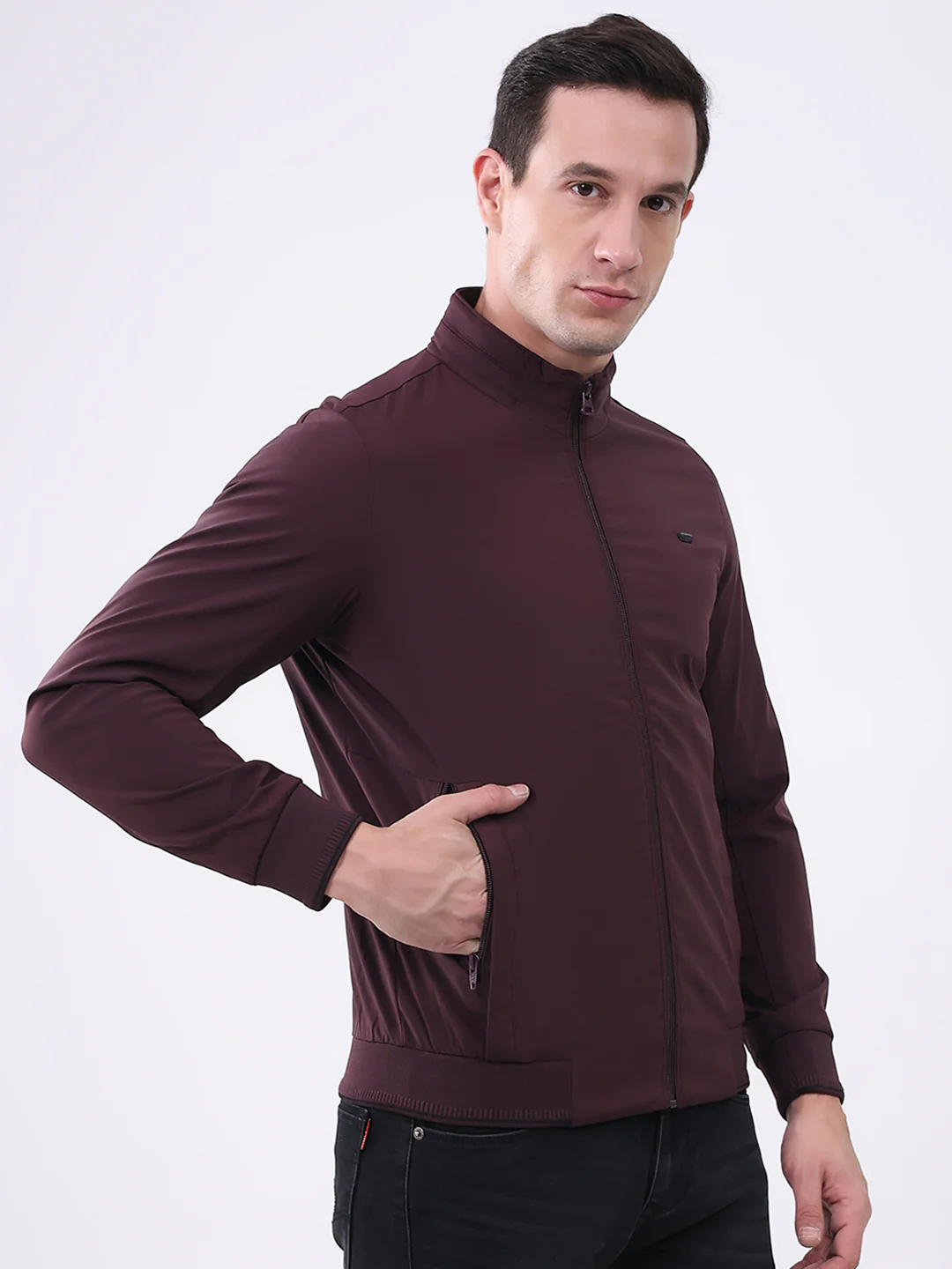 Men Burgundy Solid Mock Neck Full Sleeve Jacket - Image 4