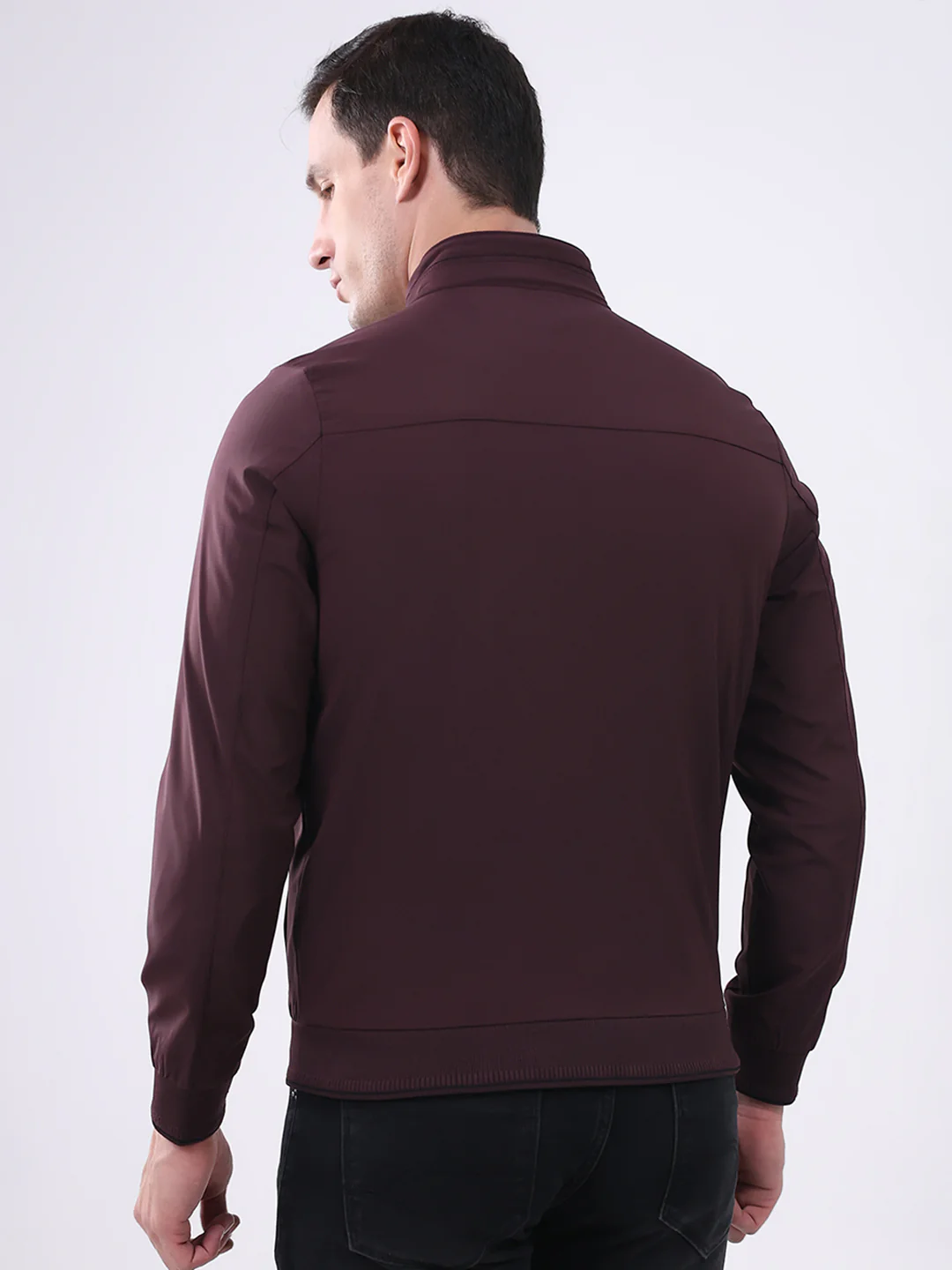 Men Burgundy Solid Mock Neck Full Sleeve Jacket - Image 5