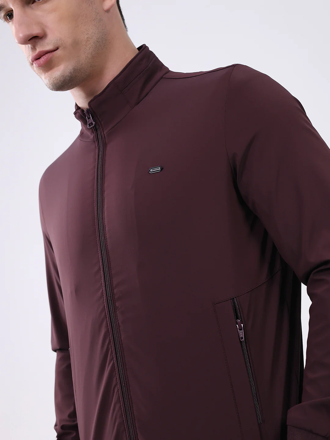 Men Burgundy Solid Mock Neck Full Sleeve Jacket - Image 6