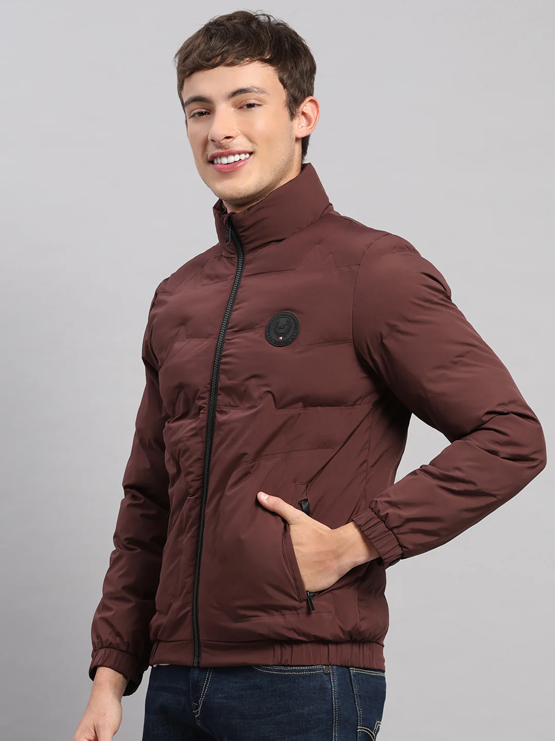 Men Burgundy Solid Stand Collar Full Sleeve Jacket - Image 3