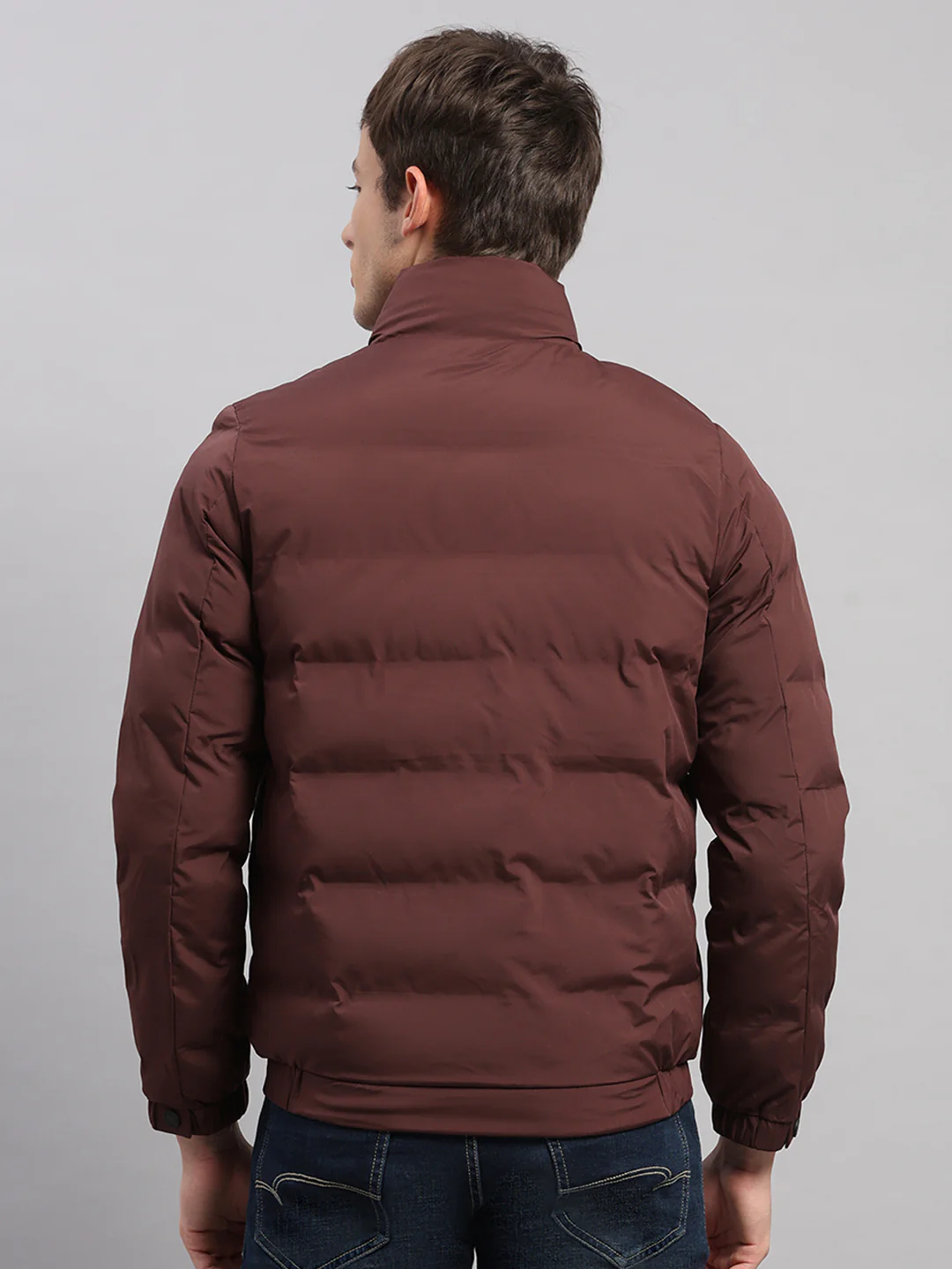 Men Burgundy Solid Stand Collar Full Sleeve Jacket - Image 5